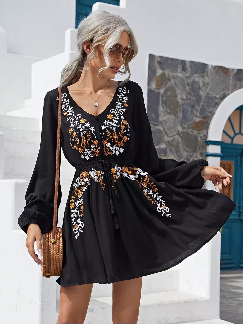 Bohme Boho Embroidered V-Neck Black Mini Dress